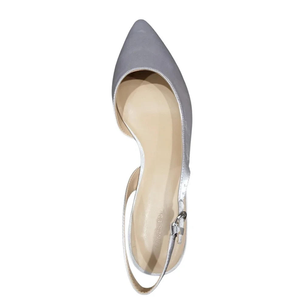 Lands End Silver White Satin Slingback Pointed Toe Low Heel Flats Womens 10